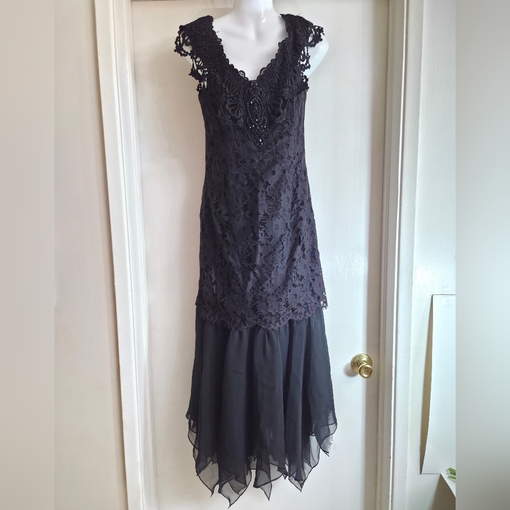 Scott McClintock Elegant Black Lace Dress. Long Asymmetric Black Cocktail Dress - Picture 12 of 13